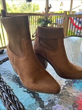 Women’s Brown Suede Ankle Booties with Knit Cuff